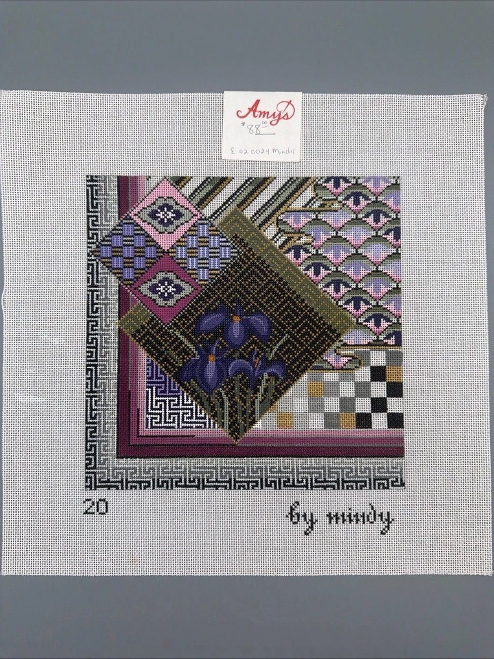 Geometric Needlepoint Hand-painted Iris Canvas in White & Purple by Mindy
